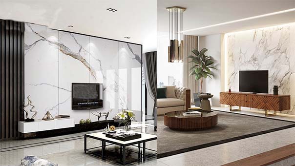 Đá Marble được sử dụng để ốp tường phòng khách, tạo điểm nhấn tinh tế, khẳng định gu thẩm mỹ của gia chủ.