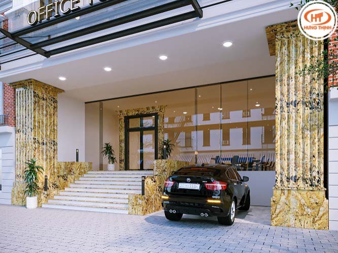 Mặt tiền, cột trụ: chọn đá granite trắng xám hoặc marble vàng kem để tăng vẻ thanh lịch và hút may mắn.