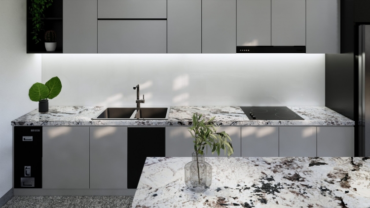 Màu trắng ngà xen vân đen độc đáo, lý tưởng cho các thiết kế bếp hiện đại hoặc Scandinavian tối giản.