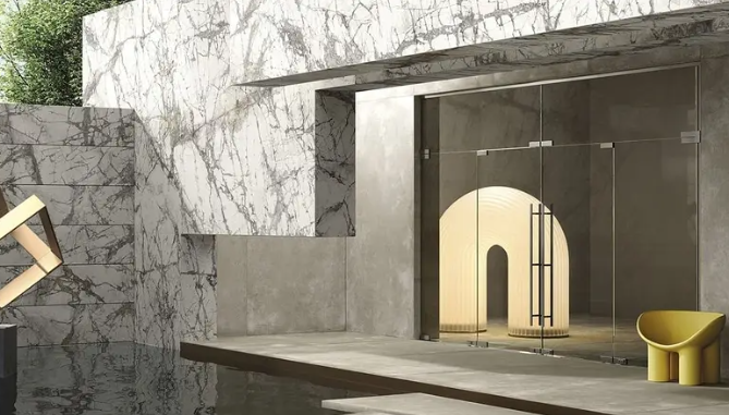 Mặt tiền – Ốp tường ngoại thất: Ưu tiên đá granite hoặc đá thạch anh với gam màu trung tính, vân đậm tạo sự vững chãi và sang trọng.