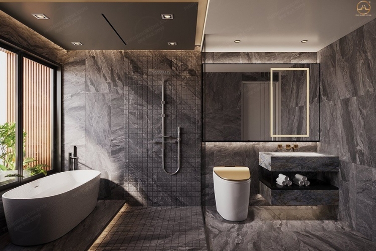 Nhà tắm – Vách tắm, mặt lavabo: Sử dụng đá marble chống thấm tốt, phối hợp cùng inox hoặc đồng tạo phong cách hiện đại, cao cấp.