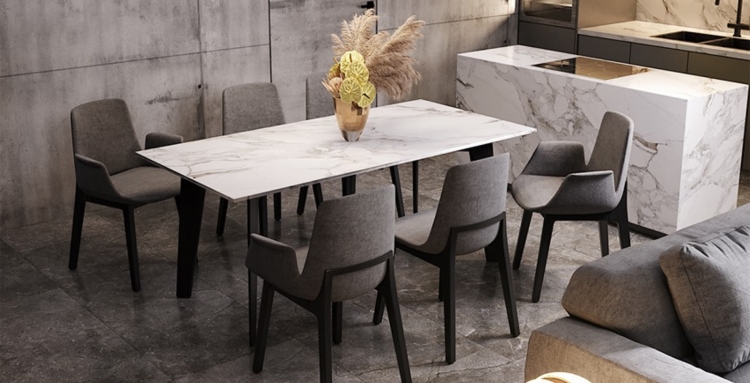 Mẫu bàn ăn đá thạch anh chân gỗ tự nhiên mang lại sự ấm cúng và hài hòa cho không gian phòng ăn gia đình.
