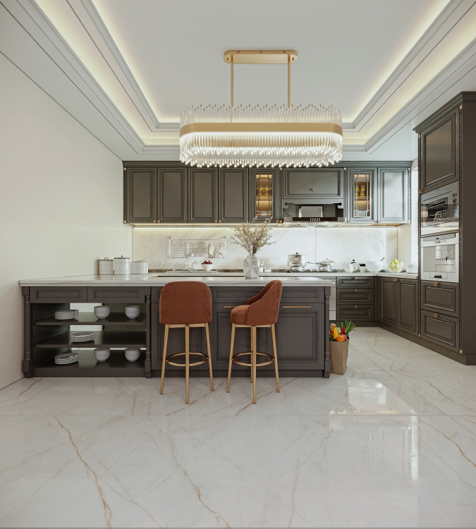 Phòng bếp: Nền gạch trắng vân đá nổi bật cùng tủ bếp, bàn ăn; đồng thời dễ lau chùi, vệ sinh.