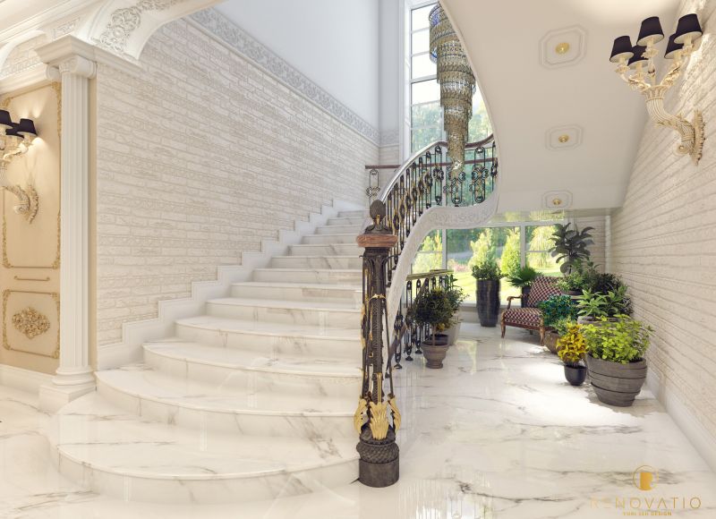 Đá ốp lát cầu thang trắng 